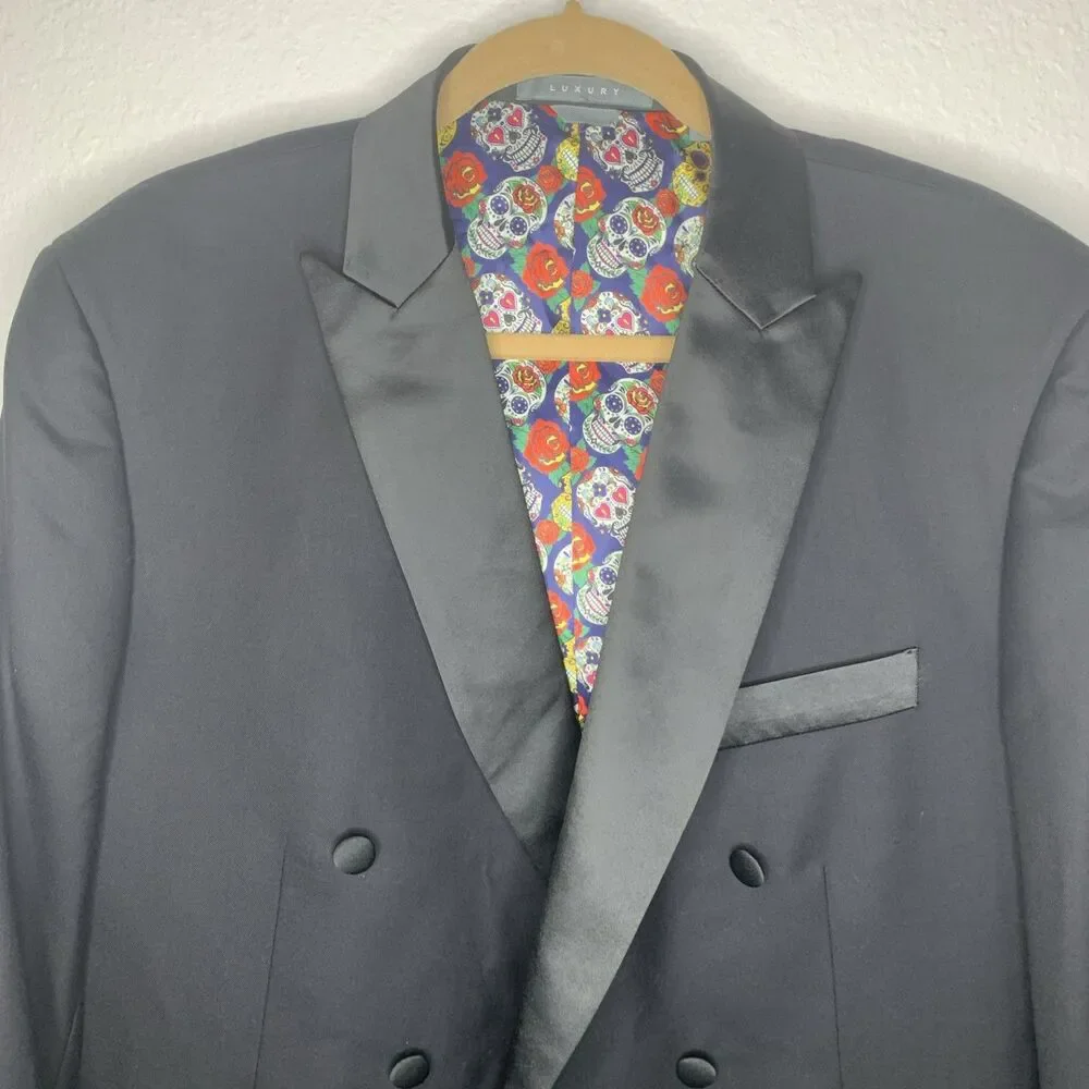 Indochino Black Wool Cashmere Tuxedo Blazer Skull Lined Goth 44R Custom Fit NWT
